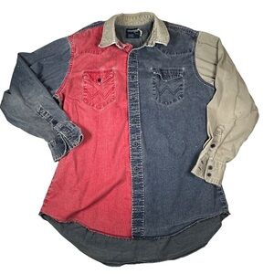 Wrangler Brushpopper button Shirt long sleeve red tan blue western 90s Cowboy